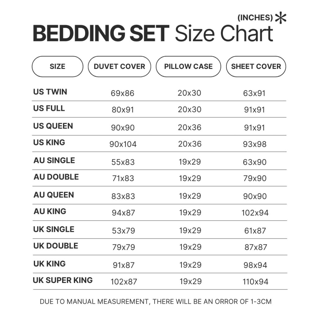 Bedding Set Size Chart - GeorgeNotFound Shop